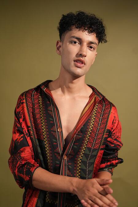 Shop_Nikita Mhaisalkar_Black Cotton , Cotton, Abstract And Brush Stroke Print Shirt With Pant _Online_at_Aza_Fashions