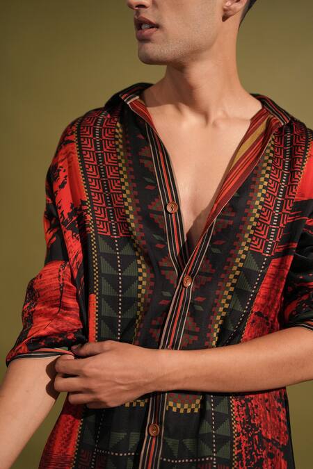 Nikita Mhaisalkar_Black Cotton , Cotton, Abstract And Brush Stroke Print Shirt With Pant _at_Aza_Fashions