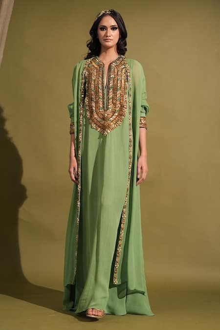 Nikita Mhaisalkar_Green Georgette Embroidery Round , Open Yoke Dress And Jacket Set _Online_at_Aza_Fashions
