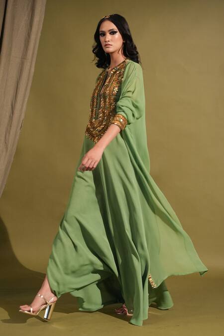 Shop_Nikita Mhaisalkar_Green Georgette Embroidery Round , Open Yoke Dress And Jacket Set _Online_at_Aza_Fashions