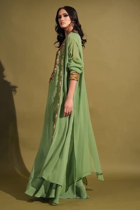 Nikita Mhaisalkar_Green Georgette Embroidery Round , Open Yoke Dress And Jacket Set _at_Aza_Fashions