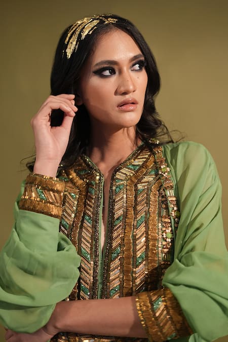 Shop_Nikita Mhaisalkar_Green Georgette Embroidery Round , Open Yoke Dress And Jacket Set 