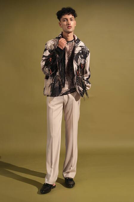 Nikita Mhaisalkar_Black Silk Fringe Brush Stroke Cosmic Print Blazer _Online_at_Aza_Fashions