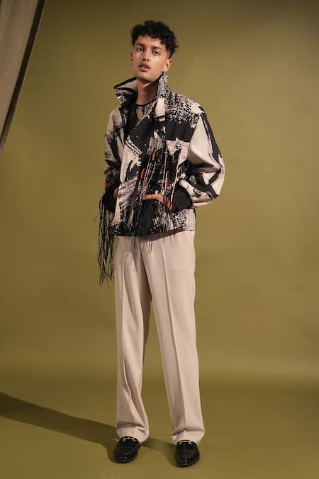 Buy_Nikita Mhaisalkar_Black Silk Fringe Brush Stroke Cosmic Print Blazer _Online_at_Aza_Fashions