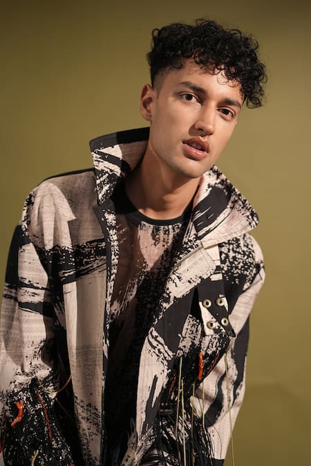 Shop_Nikita Mhaisalkar_Black Silk Fringe Brush Stroke Cosmic Print Blazer _Online_at_Aza_Fashions