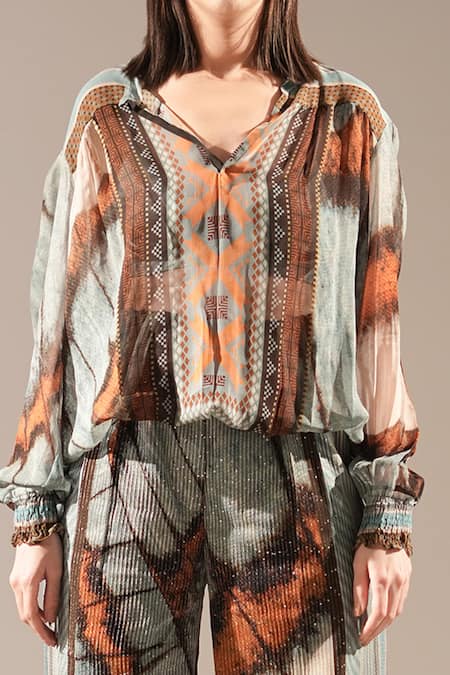 Nikita Mhaisalkar_Blue Georgette Sequins, Embroidery Butterfly Print And Broad Pant _Online_at_Aza_Fashions