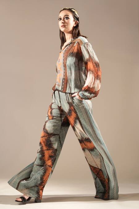 Buy_Nikita Mhaisalkar_Blue Georgette Sequins, Embroidery Butterfly Print And Broad Pant _Online_at_Aza_Fashions