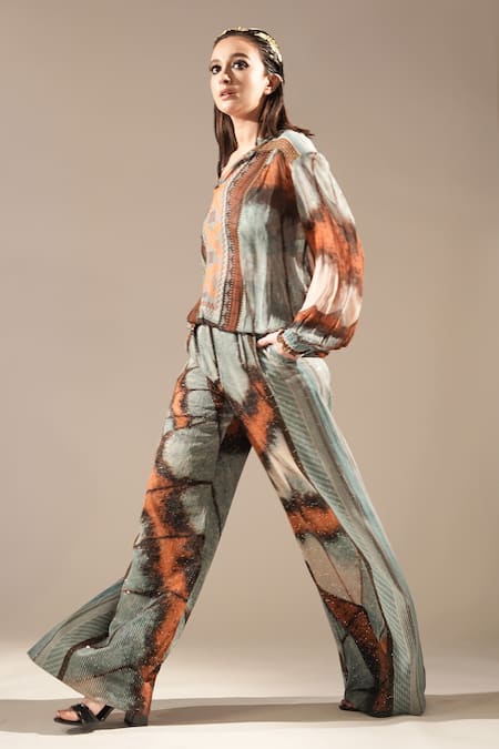 Buy_Nikita Mhaisalkar_Blue Georgette Sequins, Embroidery V-neck Butterfly Print And Top _Online_at_Aza_Fashions