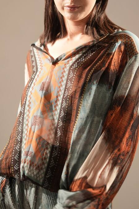 Shop_Nikita Mhaisalkar_Blue Georgette Sequins, Embroidery V-neck Butterfly Print And Top _Online_at_Aza_Fashions