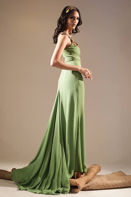 Buy_Nikita Mhaisalkar_Green Lurex Embroidery V-neck Embellished Yoke Trail Gown _Online_at_Aza_Fashions