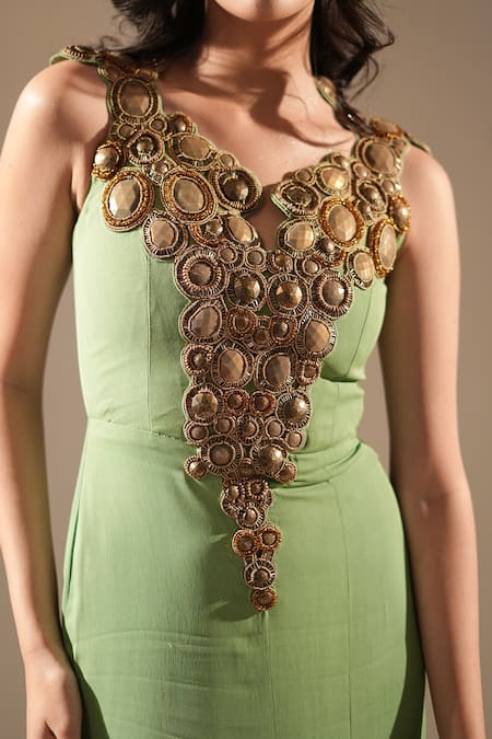 Nikita Mhaisalkar_Green Lurex Embroidery V-neck Embellished Yoke Trail Gown _at_Aza_Fashions