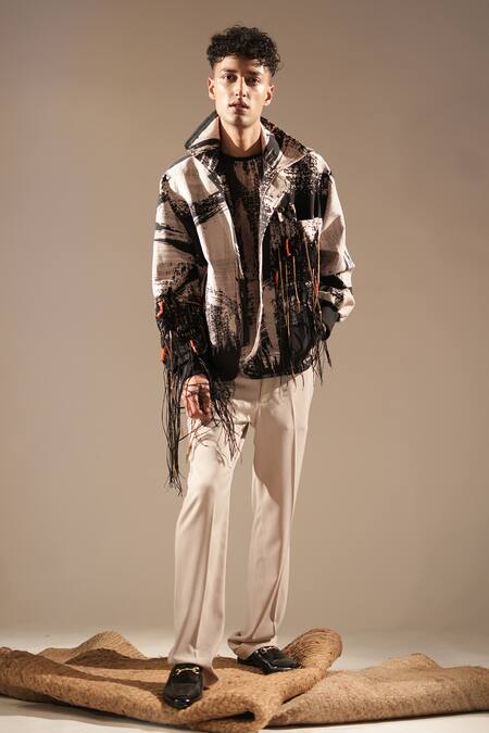 Nikita Mhaisalkar_Black Silk Fringe Brush Stroke Cosmic Print Blazer _at_Aza_Fashions