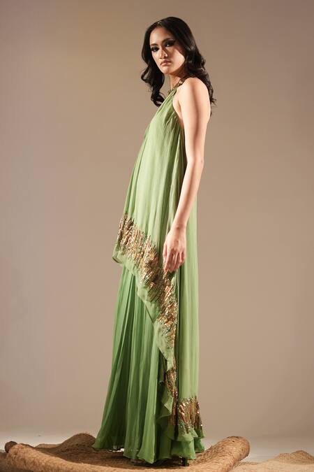 Nikita Mhaisalkar_Green Chiffon, Georgette Zari, Embroidery Halter Asymmetric Kurta And Sharara Set _Online_at_Aza_Fashions