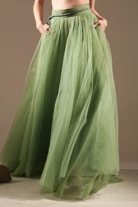 Shop_Nikita Mhaisalkar_Green Tulle Flared Lehenga _at_Aza_Fashions