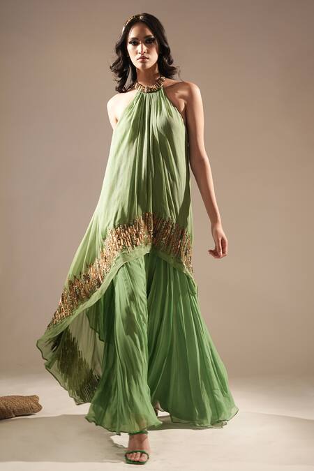 Shop_Nikita Mhaisalkar_Green Chiffon, Georgette Zari, Embroidery Halter Asymmetric Kurta And Sharara Set 