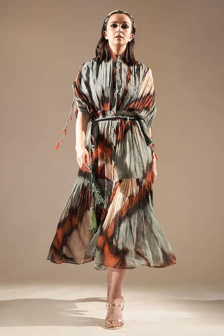 Nikita Mhaisalkar_Blue Georgette Sequins, Embroidery High Neck Butterfly Print And Midi Dress _Online_at_Aza_Fashions