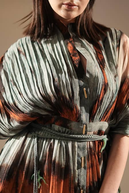 Buy_Nikita Mhaisalkar_Blue Georgette Sequins, Embroidery High Neck Butterfly Print And Midi Dress _Online_at_Aza_Fashions