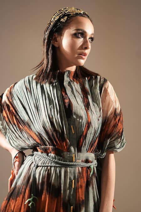 Shop_Nikita Mhaisalkar_Blue Georgette Sequins, Embroidery High Neck Butterfly Print And Midi Dress _Online_at_Aza_Fashions