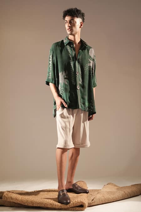 Nikita Mhaisalkar_Green Bamboo Embroidery Abstract Floral Print Shirt _Online_at_Aza_Fashions