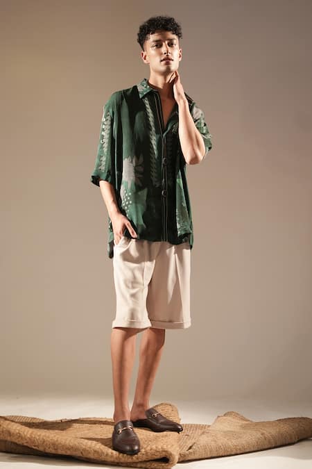 Buy_Nikita Mhaisalkar_Green Bamboo Embroidery Abstract Floral Print Shirt _Online_at_Aza_Fashions