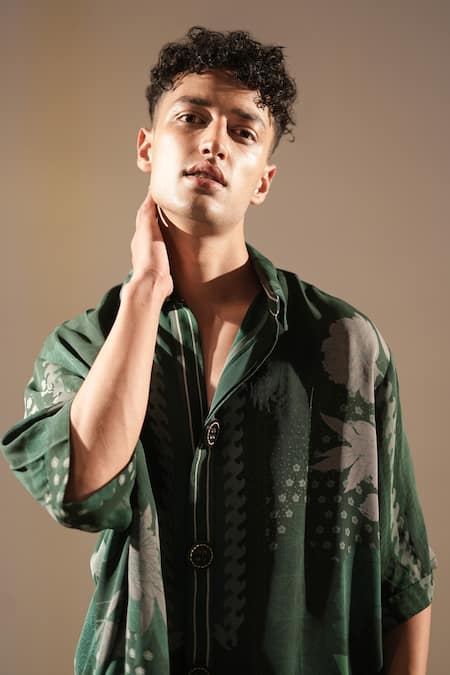 Shop_Nikita Mhaisalkar_Green Bamboo Embroidery Abstract Floral Print Shirt _Online_at_Aza_Fashions