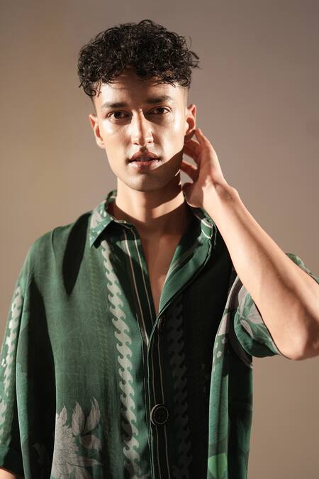 Nikita Mhaisalkar_Green Bamboo Embroidery Abstract Floral Print Shirt _at_Aza_Fashions