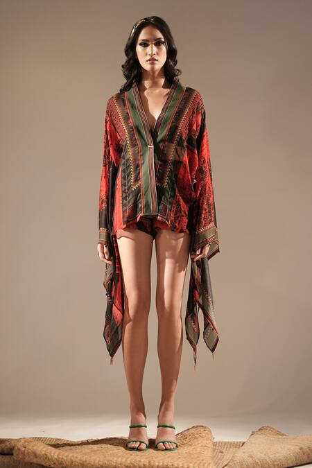 Nikita Mhaisalkar_Red Chiffon, Georgette Tassels V-neck Stroke Print Top And Shorts Set _Online_at_Aza_Fashions