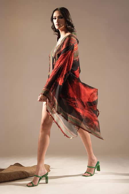 Shop_Nikita Mhaisalkar_Red Chiffon, Georgette Tassels V-neck Stroke Print Top And Shorts Set _Online_at_Aza_Fashions