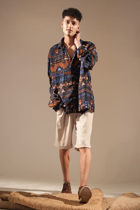 Nikita Mhaisalkar_Blue Georgette Aztec Print Shirt _Online_at_Aza_Fashions