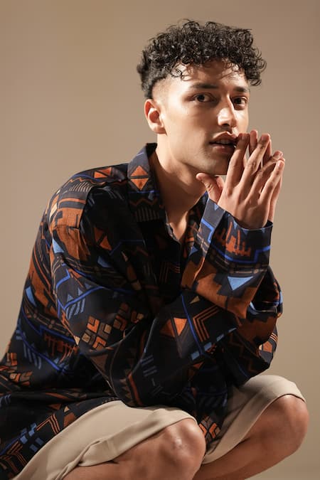 Buy_Nikita Mhaisalkar_Blue Georgette Aztec Print Shirt _Online_at_Aza_Fashions