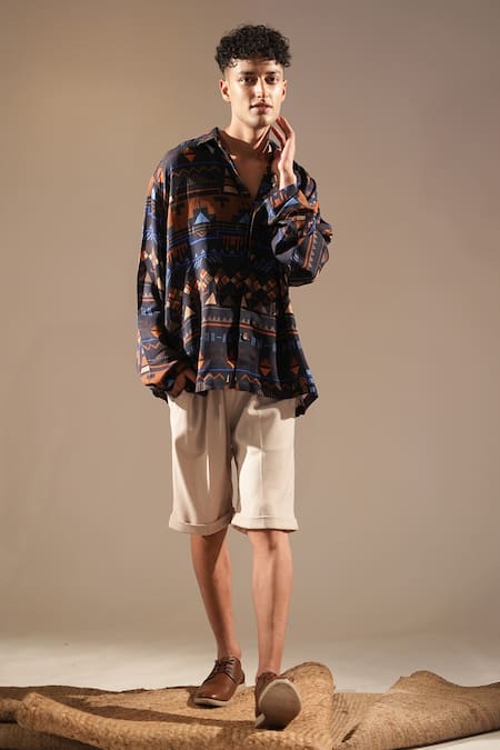 Shop_Nikita Mhaisalkar_Blue Georgette Aztec Print Shirt _Online_at_Aza_Fashions