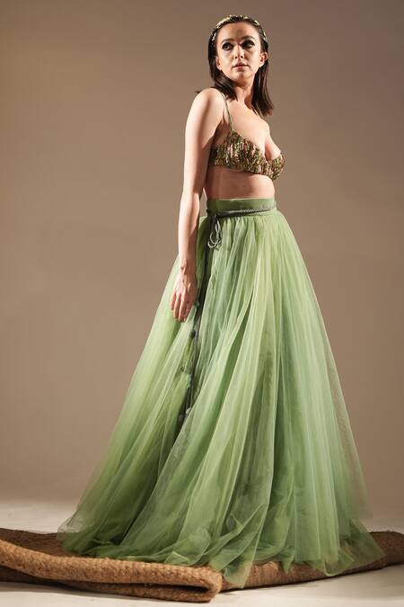 Nikita Mhaisalkar_Green Sequins, Metallic Thread Sweetheart Neck And Work Bralette _Online_at_Aza_Fashions
