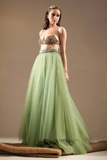 Buy_Nikita Mhaisalkar_Green Sequins, Metallic Thread Sweetheart Neck And Work Bralette _Online_at_Aza_Fashions