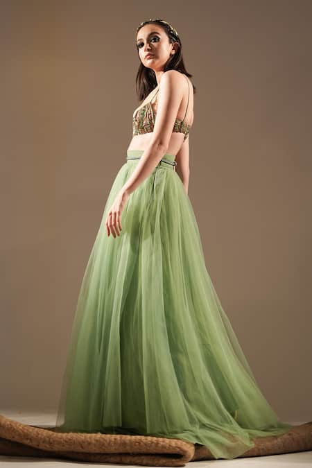 Shop_Nikita Mhaisalkar_Green Sequins, Metallic Thread Sweetheart Neck And Work Bralette _Online_at_Aza_Fashions