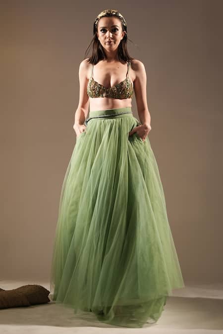 Buy_Nikita Mhaisalkar_Green Tulle Flared Lehenga 