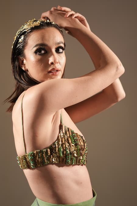Shop_Nikita Mhaisalkar_Green Sequins, Metallic Thread Sweetheart Neck And Work Bralette 