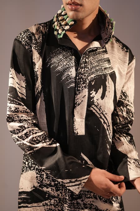 Shop_Nikita Mhaisalkar_Black , , Embroidery Brush Stroke Print Kurta With Pant _Online_at_Aza_Fashions