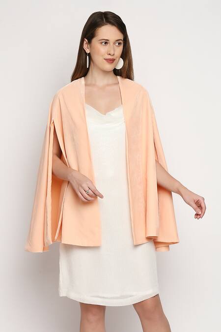Monk & Mei By Sonia Anand_Peach Velvet Sequins Cowl Neck Arzu Strappy Dress With Cape _Online_at_Aza_Fashions