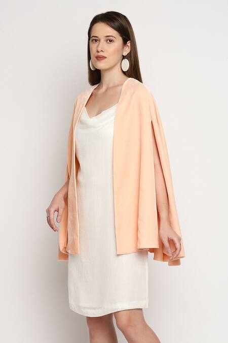 Buy_Monk & Mei By Sonia Anand_Peach Velvet Sequins Cowl Neck Arzu Strappy Dress With Cape _Online_at_Aza_Fashions