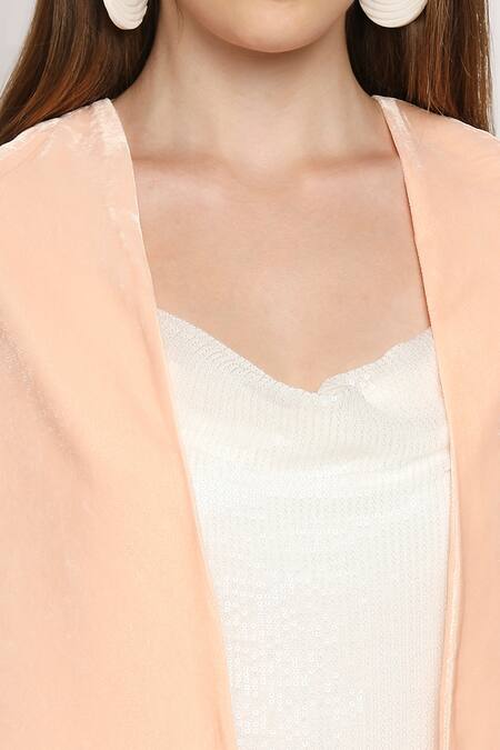 Shop_Monk & Mei By Sonia Anand_Peach Velvet Sequins Cowl Neck Arzu Strappy Dress With Cape _Online_at_Aza_Fashions