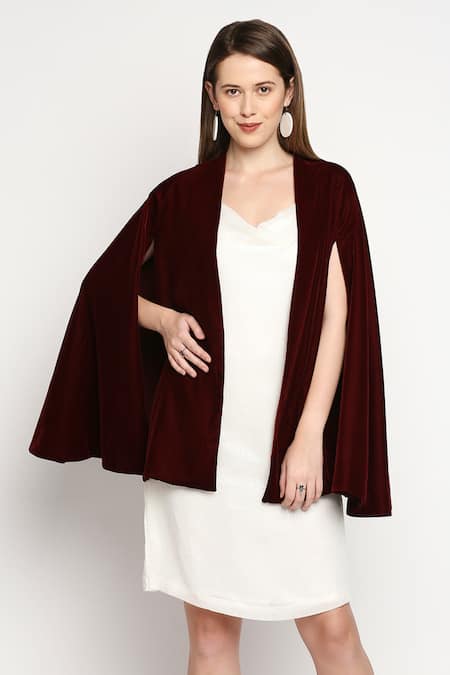 Monk & Mei By Sonia Anand_Maroon Velvet Sequins Cowl Neck Arzu Dress With Cape _Online_at_Aza_Fashions