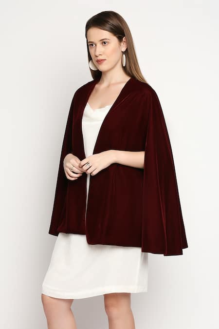 Buy_Monk & Mei By Sonia Anand_Maroon Velvet Sequins Cowl Neck Arzu Dress With Cape _Online_at_Aza_Fashions