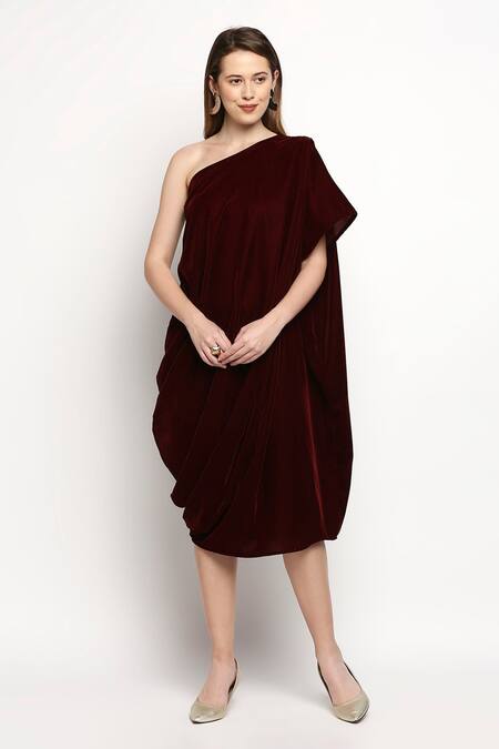 Monk & Mei By Sonia Anand Maroon Velvet Fringe, Embroidery One Shoulder Shakira Cowl Draped Dress Online at Aza Fashions Monk & Mei By Sonia Anand_Maroon Velvet Fringe, Embroidery One Shoulder Shakira Cowl Draped Dress_Online_at_Aza_Fashions