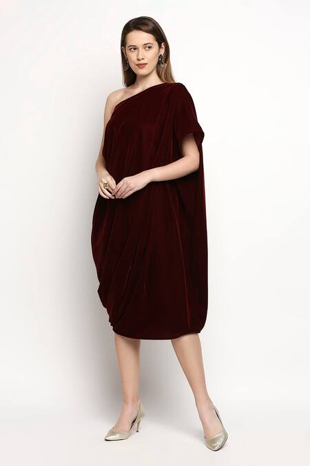 Buy Monk & Mei By Sonia Anand Maroon Velvet Fringe, Embroidery One Shoulder Shakira Cowl Draped Dress Online at Aza Fashions Buy_Monk & Mei By Sonia Anand_Maroon Velvet Fringe, Embroidery One Shoulder Shakira Cowl Draped Dress_Online_at_Aza_Fashions