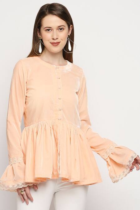 Monk & Mei By Sonia Anand Peach Velvet Embroidery Round Neck Taj Peplum Jacket Online at Aza Fashions Monk & Mei By Sonia Anand_Peach Velvet Embroidery Round Neck Taj Peplum Jacket _Online_at_Aza_Fashions