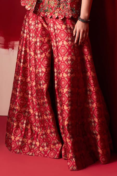 Ridhi Mehra Red Raw Silk Printed Floral V Neck Saadirah Peplum Top And Sharara Set Online at Aza Fashions Ridhi Mehra_Red Raw Silk Printed Floral V Neck Saadirah Peplum Top And Sharara Set _Online_at_Aza_Fashions