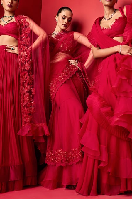 Ridhi Mehra_Red Blouse Net Embroidery Aani Ruffle Pre-draped Saree With  _Online_at_Aza_Fashions
