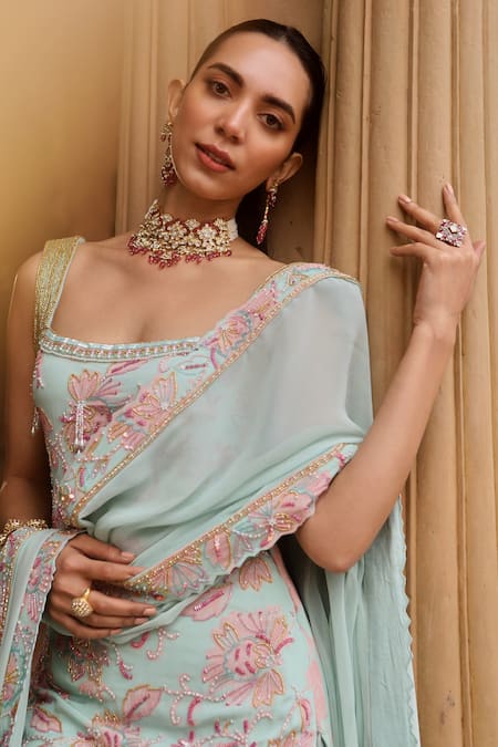 Buy_Dheeru Taneja_Green Crepe, Georgette Embroidery, Beads, Rihana Printed Kurta Sharara Set _Online_at_Aza_Fashions