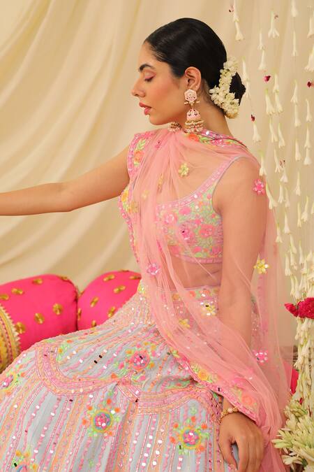 Rajbinder Chahal_Blue Dupion Silk Mirror, Thread, Scallop Floral Embroidered Bridal Lehenga Set _Online_at_Aza_Fashions