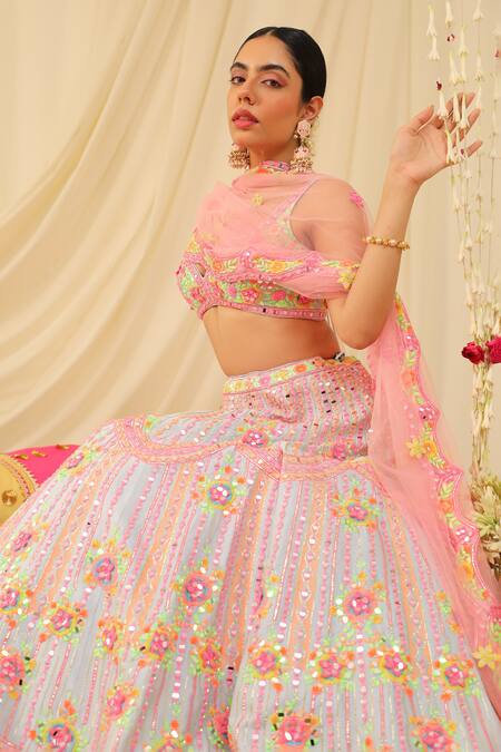 Buy_Rajbinder Chahal_Blue Dupion Silk Mirror, Thread, Scallop Floral Embroidered Bridal Lehenga Set _Online_at_Aza_Fashions